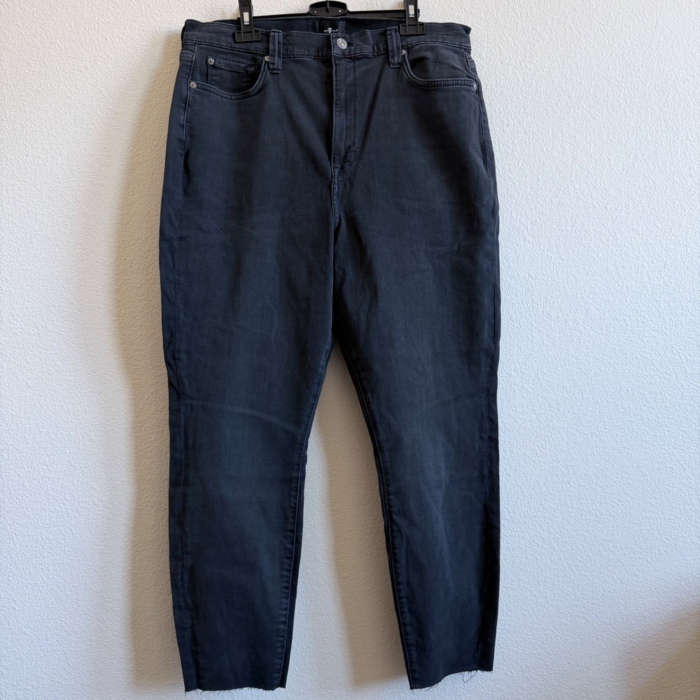 7 For All Mankind High Waist Ankle Skinny Jeans Black Raw Hem 7U089216 Size 31